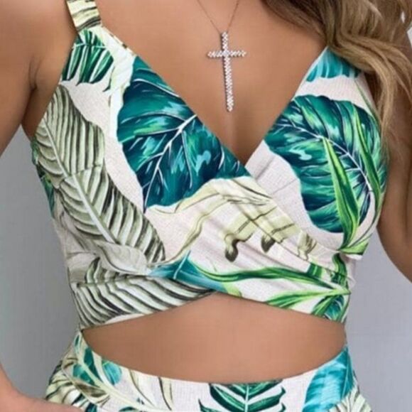 White Tropical Leaf Print Wrap Summer Playsuit - Picture 6 of 8